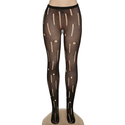 Mesh See through Ripped High Waist Tight Long Casual Pants